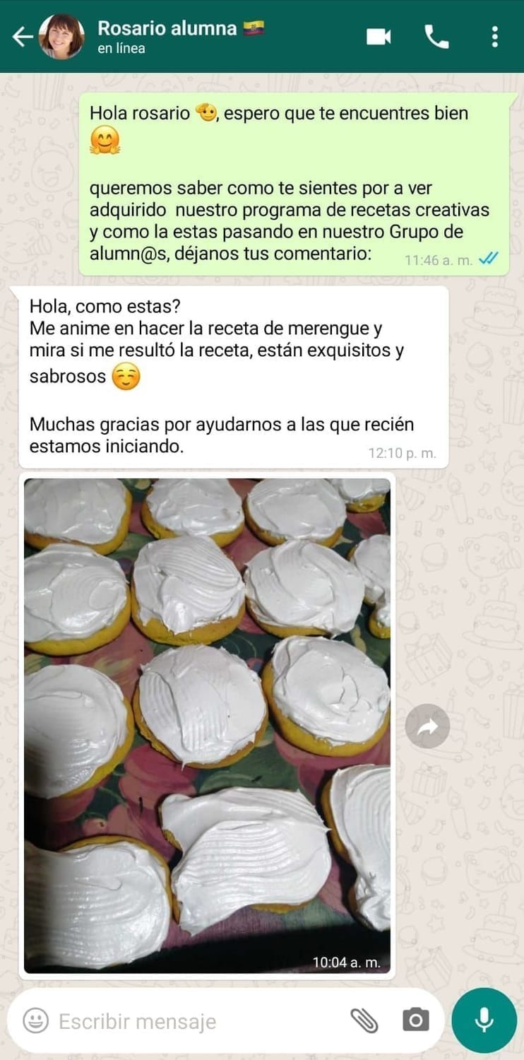 Testimonio visual de alumna mostrando merengues preparados