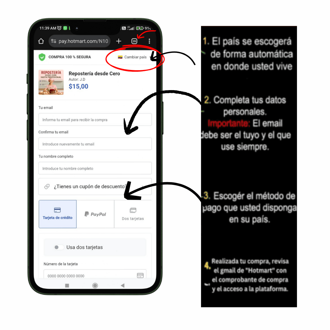 Proceso de pago seguro del curso